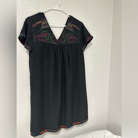 NWT Madewell Silk Embroidered Colorful Stitch Cap Sleeve Mini Dress Black - M - Picture 2 of 9